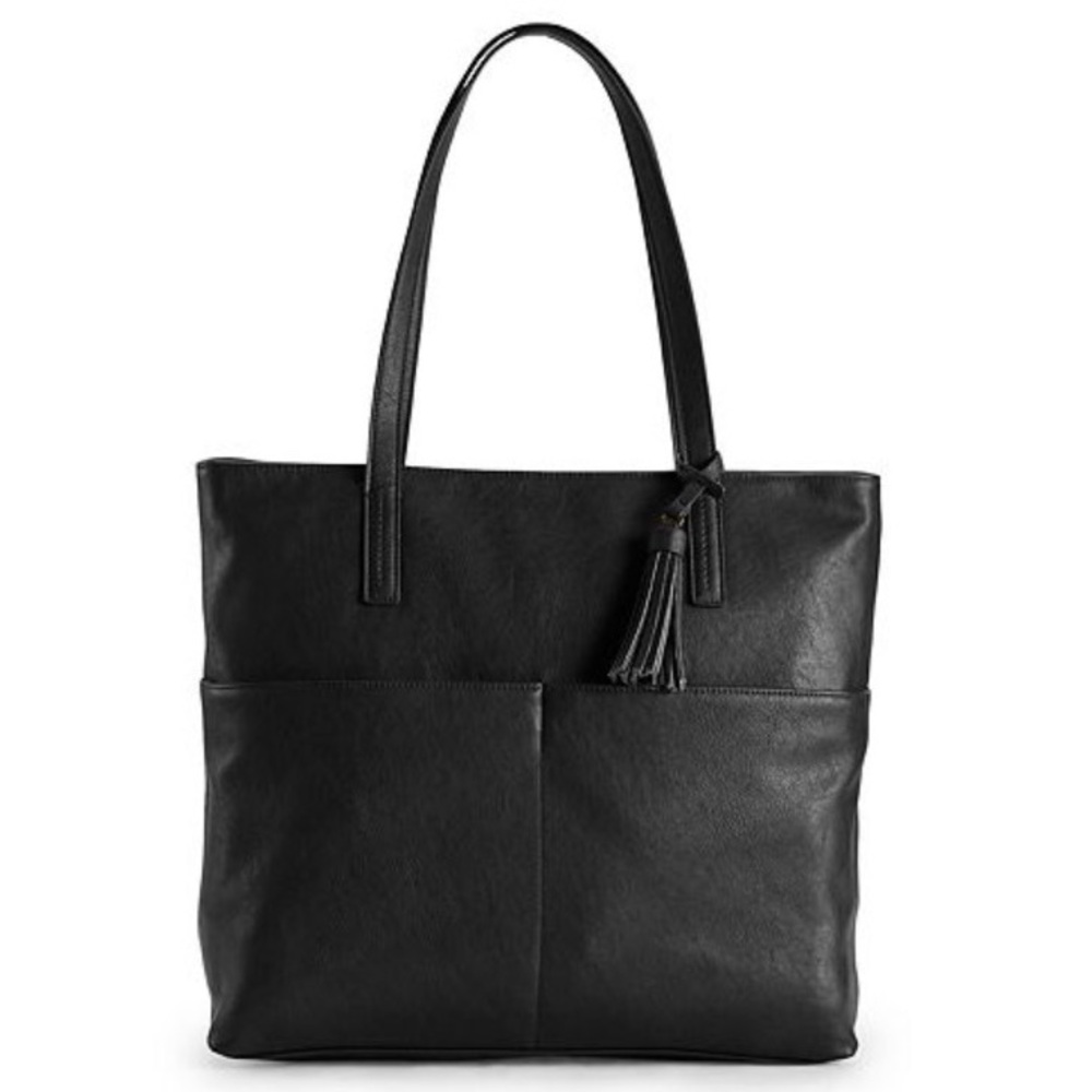 Sonoma Black Faux Leather Tassel Tote Bag Large